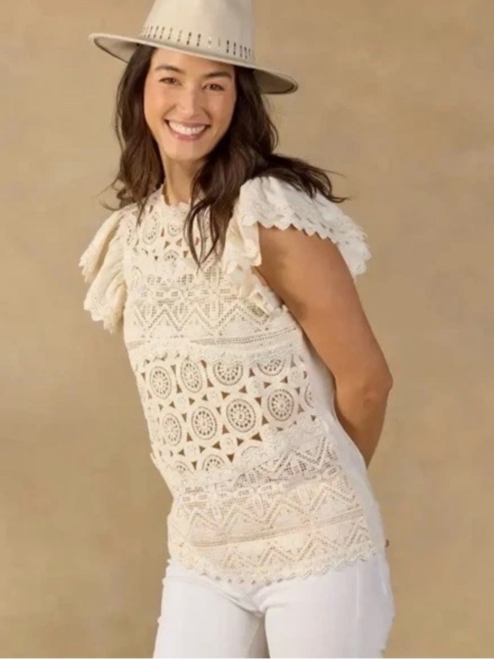 Sundance Lace Crochet Mock Neck Flutter Sleeve Top Ivory Cream